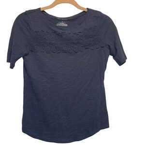 Talbots Crochet Lace Yoke Top Petite S Blue Cotton boho Classic Slub Knit Tee